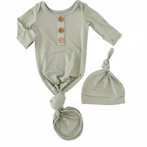 Solid Moss Bamboo Baby Knot Gown & Hat