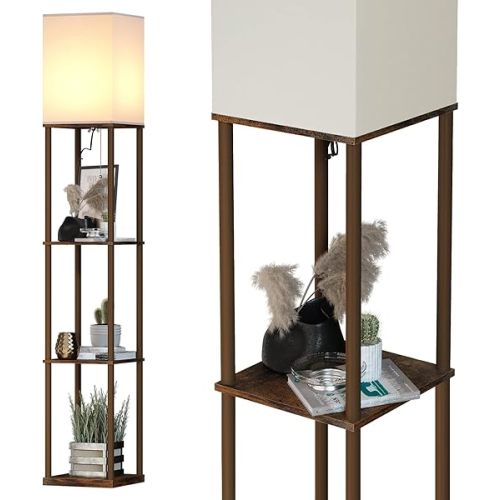SUNMORY Floor Lamp with Shelves, Modern Square Standing Lamp with 3 Color Temperature Bulb, Corner Display Bookshelf Lamp for Living Room and Bedroom (Rustic Brown)