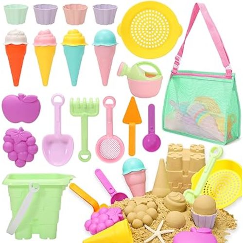 Tagitary Beach Sand Toys for Kids, Beach Toys 23PCS Set with Ice Cream Cake Sand Molds, Mesh Beach Bag, Bucket, Watering Can, Shovel, Rake - Ideal for Toddler Sandbox, Outdoor Play and Beach Travel