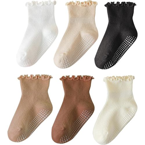 6 Pairs Toddler Ruffle Socks for Girls Baby Grip Socks Non Slip Socks Cute Grippy Frilly