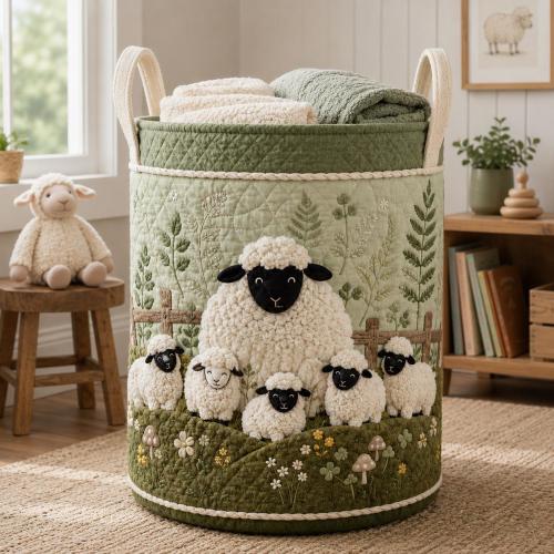 Quilted Sheep Laundry Hamper, Sage Green Farmhouse Fabric Bin, Nursery Toy Organizer