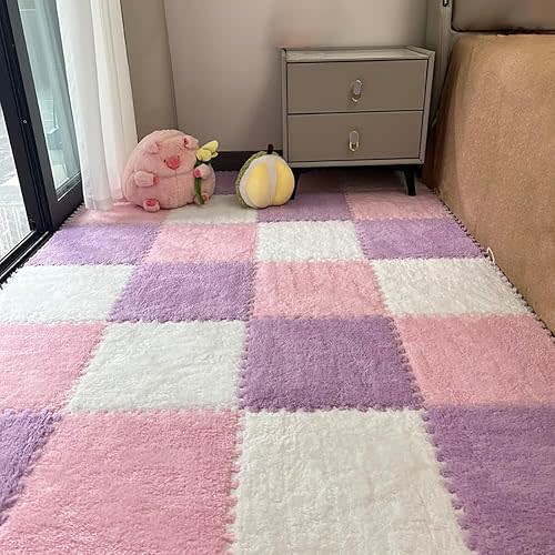 12 Pcs Plush Foam Interlocking Carpet Tiles,Soft Shaggy Fluffy Floor Area Rugs with Padding,Colorful Floor Protective Mats for Home Kids Room Playroom (Pink Purple White, 11.8 x 11.8 x 0.39)
