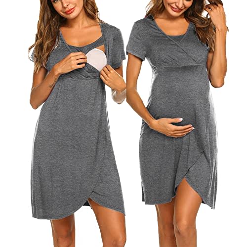 Ekouaer Nursing Nightgown 3 In 1 Maternity Nightgown Short Sleeve Nursing Gown Breasfeeding Sleepwear Delivery Dress
