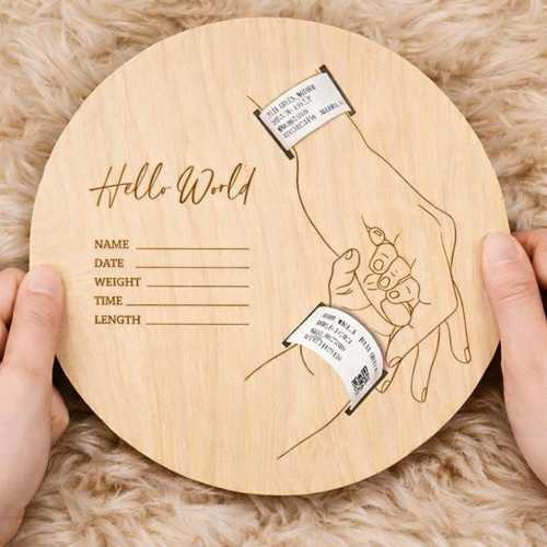 Wooden Newborn Hospital Bracelet Keepsake Plaques – Hello World Birth Announcement Signs