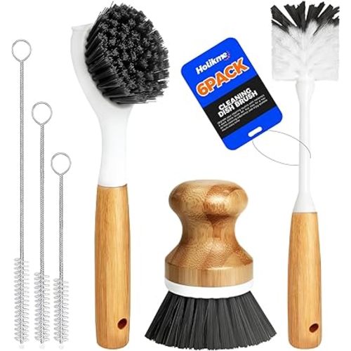 Holikme 6 Pack Dish Brush Scouring Pad Set with Bottle Brush, Dish Brush, Palm Scrub Brush and Straw Brush, Dish Scrubber Long Handle for Dish Bottle Cup Skillet Wok Pot Pan Cast Iron, Dark Gray