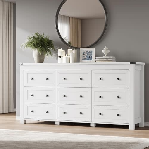 BORNOON 9-Drawer Dresser, Modern Wooden Storage Chest of Drawers, Dresser TV Stand, Wood Drawer Organizer with Metal Handles for Bedroom, Living Room, Hallway