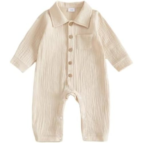 Newborn Baby Boy Cotton Linen Jumpsuit Long Sleeve Fall One Piece Outfit
