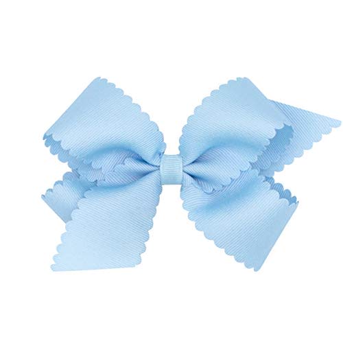 Wee Ones Girls' Classic Grosgrain Hair Bow with Scalloped Edges and Plain Wrap Center on a WeeStay Hair Clip, Medium, Millennium Blue