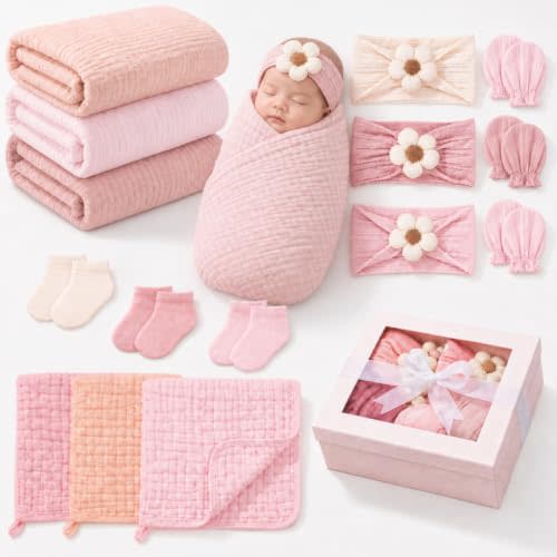 Ramede 15 Pcs Pink Muslin Newborn Preemie Swaddle Gift Set for Baby Girls, Soft Muslin Swaddle Blanket Wraps Set with Headbands, Socks & Bibs, Baby Shower Box, 0-3 Month Newborn Must Have Gift