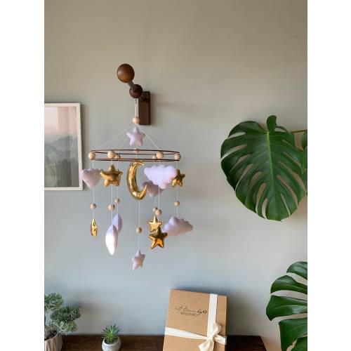 Felt Moon and Stars Baby Mobile, Neutral Nursery Decor