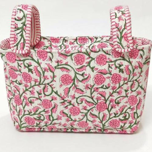 Floral Block Print Stroller Organizer, Handmade Cotton Pram Caddy, Diaper Storage Basket