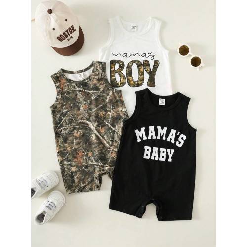 SHEIN 3pcs Newborn Baby Boy/Girl Casual Cute Slogan Sleeveless Romper Set, Baby Boy Outfit Sets, Baby Boy Summer Clothes,Vintage,Mothers Day Outfit,Squishy | SHEIN USA