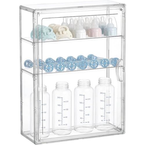 HBlife Baby Bottle Storage Organizer for Countertop Cabinet, 3 Tiers Adjustable Clear Acrylic Bottles Storage Station Case Box Container with 2 Removable Dividers and Magnetic Door, Medium