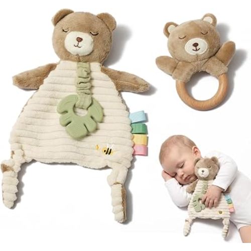 let's make Bear Plush Lovey & Wood Rattle, Newborn Baby Gift Set 0+ Months