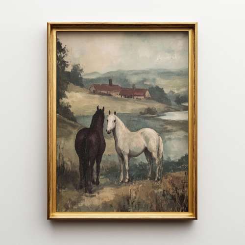 Vintage Horse Painting: Black & White Farm Animal Art (Printable Download)