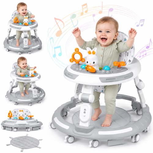 4-in-1 Foldable Baby Walker with Wheels, Height Adjustable Activity Center & Push-Along Mode, 360° Swivel Casters, Removable Feeding Tray, 6-18 Months