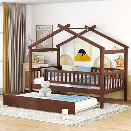 Merax Twin Size Wooden House Bed with Twin Size Trundle, Wood Bed Frame with Roof and Safety Guardrail for Kids, Teens, Boys or Girls, Walnut