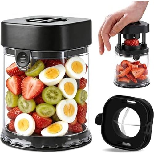 Fruit Slicer Cup, Strawberries,Grapes, Eggs, Cucumber carrot Even Pieces in Seconds - Detachable Cutter with Push Plate (Black)
