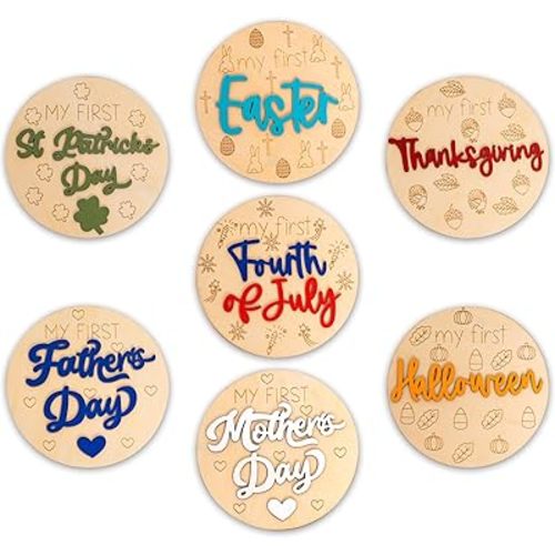 7pcs My First Holiday Photo Wooden Props, My First Holiday Milestone Cards, Newborn, Baby Photo Shoot Decorations, Baby Shower Party Supplies, First Holiday Anniversary (My First Photo Prop)
