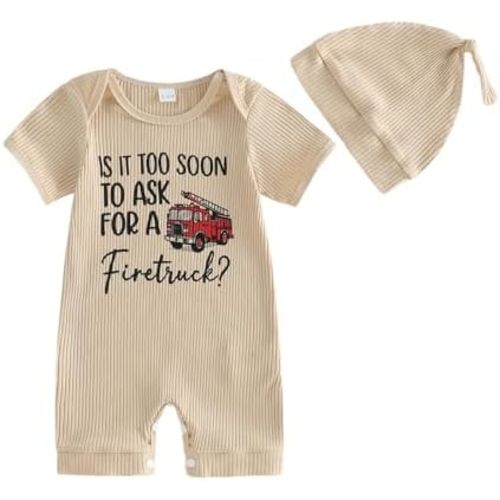 Newborn Baby Boy Clothes Is It Too Soon To Ask For A Fire Truck Knit Short Sleeve Romper Bodysuit Firefighter Outfit