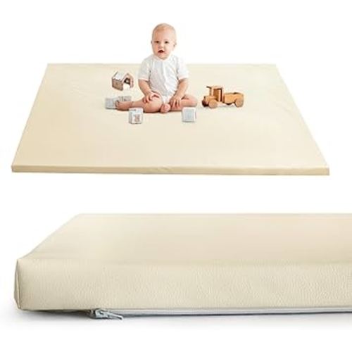 HIGOGOGO Vegan Leather Baby Play Mat, 48 x 48 High-Density Foam Cushioned & Waterproof Playpen Mat, Just Wipe-Clean Crawling Mat for Babyplay on Floor, Beige