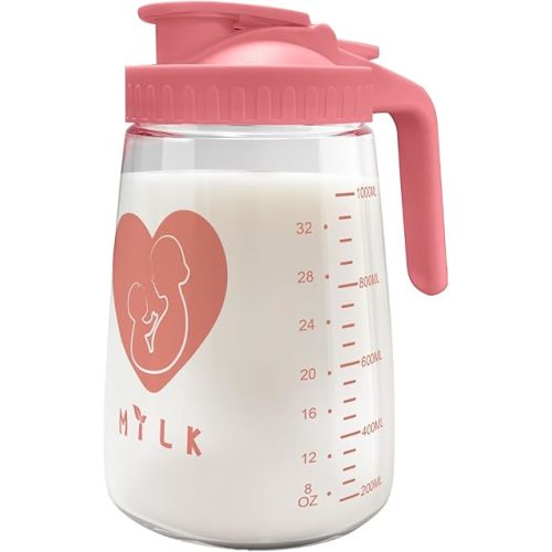 Mason Jar Pitcher, 32 oz Glass Milk Pitcher, Wide Mouth & Leakproof Glass Pitcher with Lid for milk, Sun Tea, Juice, Cold Brew Coffee and Drinks