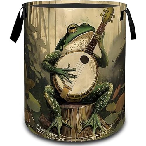 Fantasy Frog Banjo Swamp Laundry Basket, Dirty Collapsible Clothes Toy Organizer Hamper for Kids Adults, Oxford Cloth Waterproof Storage Bin for Bedroom Bathroom Funny Decor Gifts, 19.7"X15.7"