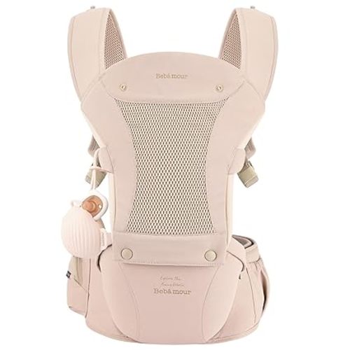 Bebamour Baby Carrier with Hip Seat,All-Position Breathable Mesh Hip Seat & Carrier 0-36Months with Head Hood, 3 PCS Teething Pads, Waist Extender,Storage Bag & Pacifier Case (Pink)