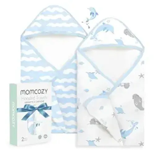 Momcozy Baby Towel with Hooded-Original Design Baby Towel Set -Soft & Absorbent- Shower Gifts or Bath Essential for Infant, Newborn, Toddler, Marine Sea Whale Seal Waves Magic