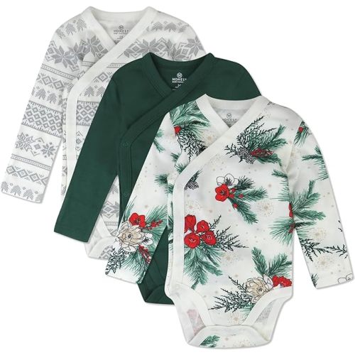 HonestBaby unisex-baby 3-pack Long Sleeve Side-snap Kimono Bodysuits Organic Cotton for Infant Baby Boys, Girls, Unisex - Newborn - Emerald Floral