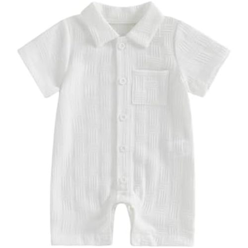 Newborn Baby Boy Summer Clothes Texture Button Down Shirt Romper One-Piece Jumpsuit Short Sleeve Collared Bodysuit