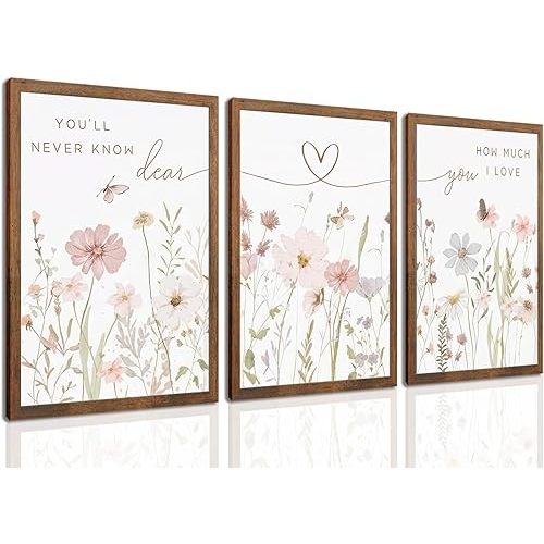 Rustic Floral Wall Art Set of 3, Watercolor Wildflower Prints with Heart Line and Inspirational Quotes Neutral Botanical Canvas Decor for Bedroom Living Room Nursery Home Decor 12x16 in Wood Framed