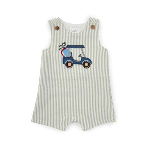 Mud Pie Baby Boys 6-9 Months Sleeveless Striped Golf Cart Applique Seersucker Shortall