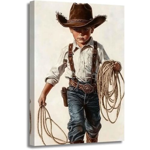 ZSHARTSWD Cowboy Baby Wall Art Nursery Decor Cowboy Hat Pictures Western Cowboy Themed Canvas Prints Children Paintings for Baby Boy Kids Room Bedroom Framed (Brown, 18L x 12W)