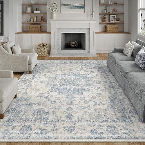 8x10 Washable Neutral Area Rug Blue Vintage Living Room Bedroom Carpet Non-Slip Soft Low Pile Floral Indoor Large Throw Rug for Dining Room Office