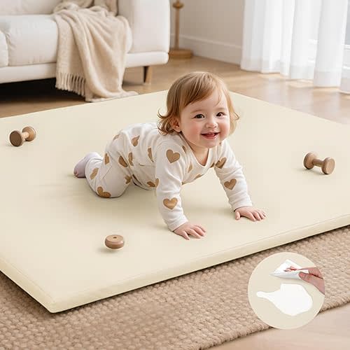 Baby Play Mat for Floor,Waterproof 50 x 50 Playpen Mat,Non-Slip Leather&Thick Foam Rug,Removable Cover,Easy Care Crawling Mat for Kids,Yoga Mat（Beige)