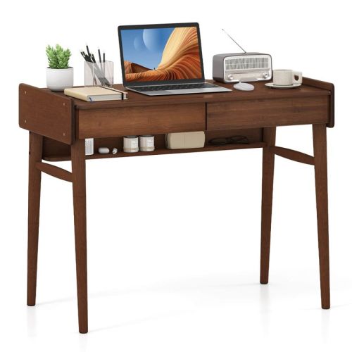 Costway Bamboo Writing Desk 39.5" Computer Study Desk with 2 Storage Drawers & Open Shelf