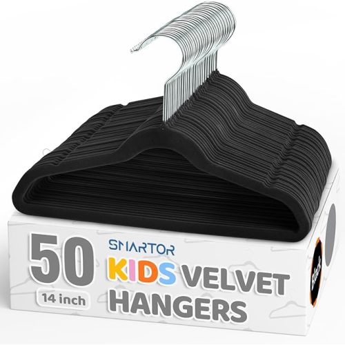 Smartor Premium 14 Inch Kids Hangers 50 Pack, Black Baby Velvet Hanger, Non Slip, Space Saving Felt Hangers Clothes Organizers for Closet with 360° Swivel Hook for Children, Toddler & Teens