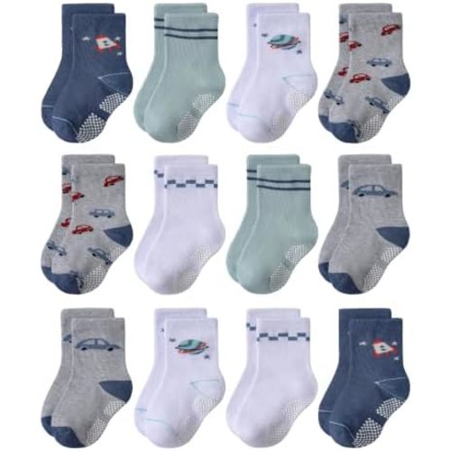 JAKIDAR 12Pairs Baby Non-Slip Cartoon Socks for Toddlers Boys Girls