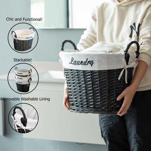 Wickerwise Handwoven Laundry Basket with Liner & Handles Decorative Storage Hamper for Clothes Blankets Pillows and Towels