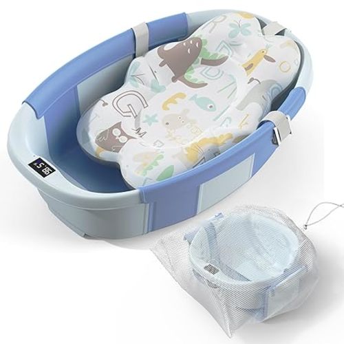 Collapsible Baby Bathtub - Large Baby Bath Tub with Thermometer & Cushion | Travel Portable Newborn Infant Bathtub | Foldable Toddler Bathtub for Baby 0 to 36 Months (Blue)