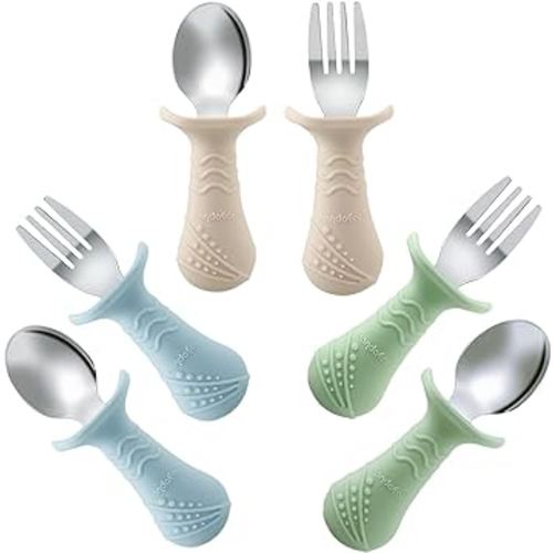 PandaEar Baby Toddler Fork and Spoon Utensil Set, 6 Pack Silicone Stainless Steel Silverware Spoon Fork for Babies Toddler, BPA Free with Silicone Holding Anti-Choke Design (Blue&Green&Light Tan)