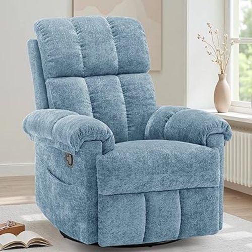 Recliner Chair, Swivel Rocker Recliner Chair for Adults, Small Recliners for Small Spaces, Manual Recliner Chair with Side Pockets, Nursery Rocking Chair for Living Room, Chenille, Airy Blue