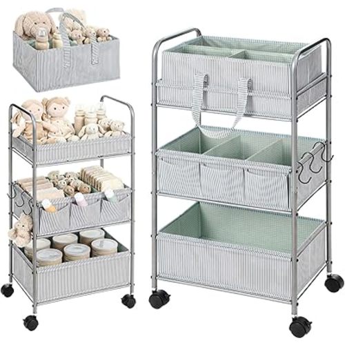 WILLBOND 2in1 Baby Diaper Caddy Organizer Cart, 3 Tier Large Capacity Metal Utility Bedside Rolling Cart with Divider for Newborn Registry Nursery Essential Must Have Gift Baby Shower Bedroom(Green)