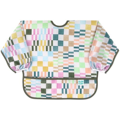 Bumkins Sleeved Bib for Girl or Boy, Baby and Toddler for 6-24 Mos, Essential Must Have for Eating, Feeding, Baby Led Weaning Supplies, Long Sleeve Mess Saving Food Catcher, Soft Fabric, Multi Check