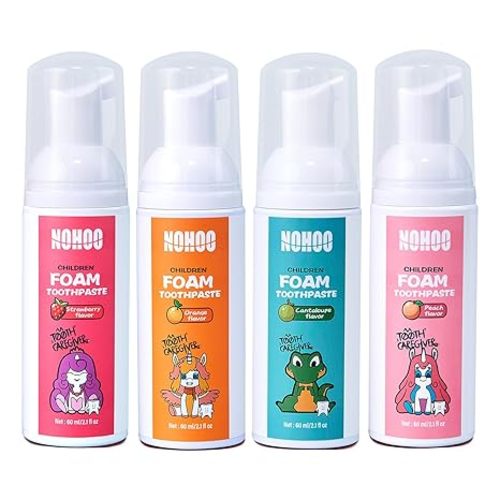 NOHOO Fluoride Free Foam Toothpaste Kids Fruit Flavour,Natural Training Toothpaste for Baby Toddler Children Oral Cleaning and Cavity Protection Strawberry Orange Peach Cantaloupe