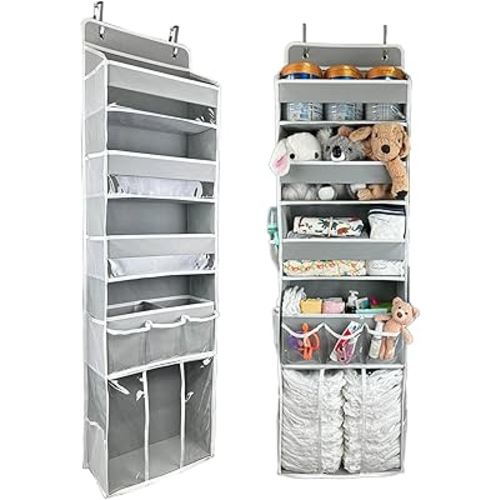 Door Hanging Storage Organizer,with 3 Bins 1 Movable Baby Diaper Caddy,1 Large capacity diaper stacking storage Organizer,10 Side Pockets ,Bedroom Door Storage for Nursery Baby Essentials.Grey 1 Pack.