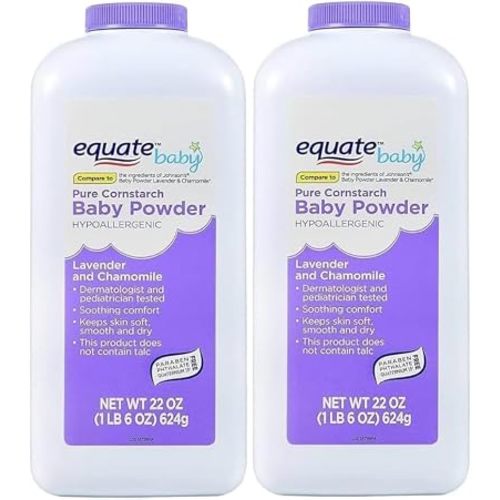 Pure Corn Starch Baby Powder Equate. Hypoallergenic Vitamin E Lavender -Talc-Free(Pack 2, 22 Oz.)