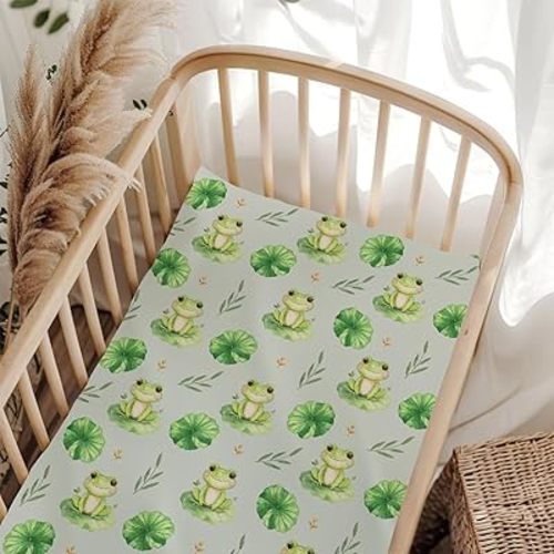Cute Frogs Floral Leaves Baby Crib Sheets for Boy Girl 28"x52" Breathable Green Frogs Pond Baby Sheet for Standard Crib and Toddler Mattress Animal Nursery Bed Sheets Green One Size