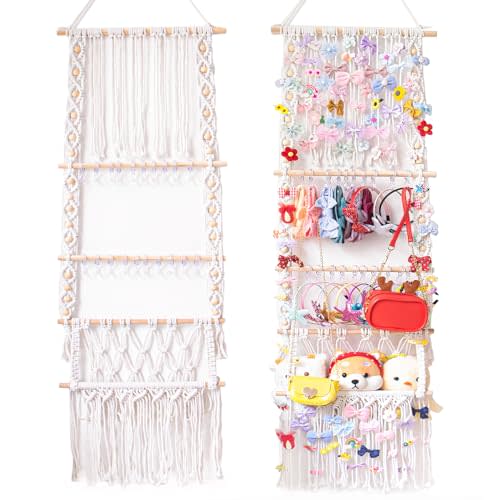 TENEWEE Headband Holder Bow Organizer for Girls, Boho Hair Tool Accessories Organizer with Stuffed Animal Storage Hammock Conner, Wall Mounted Scrunchie Bow Clip Holder Baby Girl Nursery Room Decor